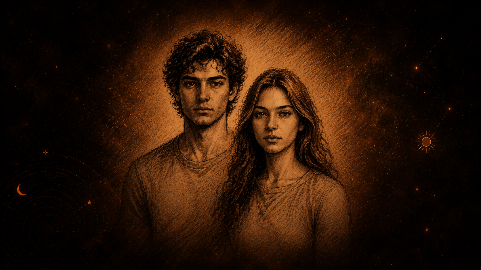 A sepia pencil sketch of a young couple on warm amber paper